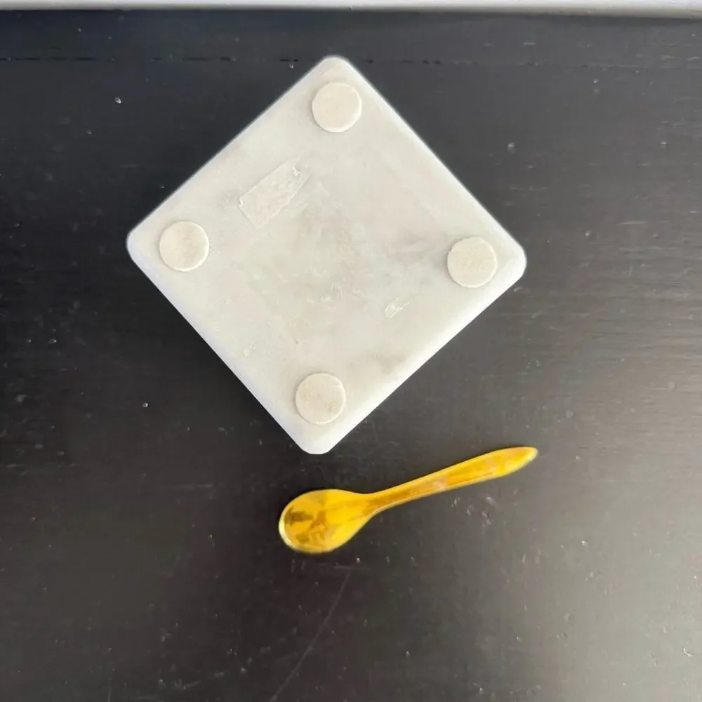 Unbranded | Square White Marble Salt Celler Bowl & Brass Spoon Pinch Pot Spice